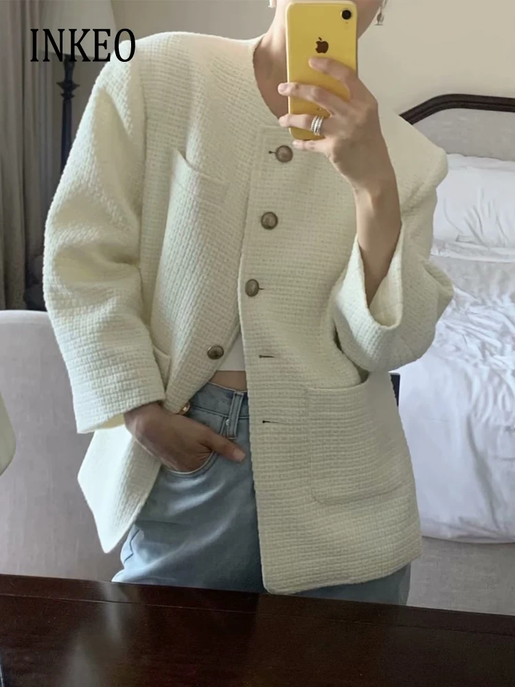 

High quality White Tweed jacket Women 2024 Spring fall Metal single breasted coat Oversized Elegant outwear Korean INKEO 3O319