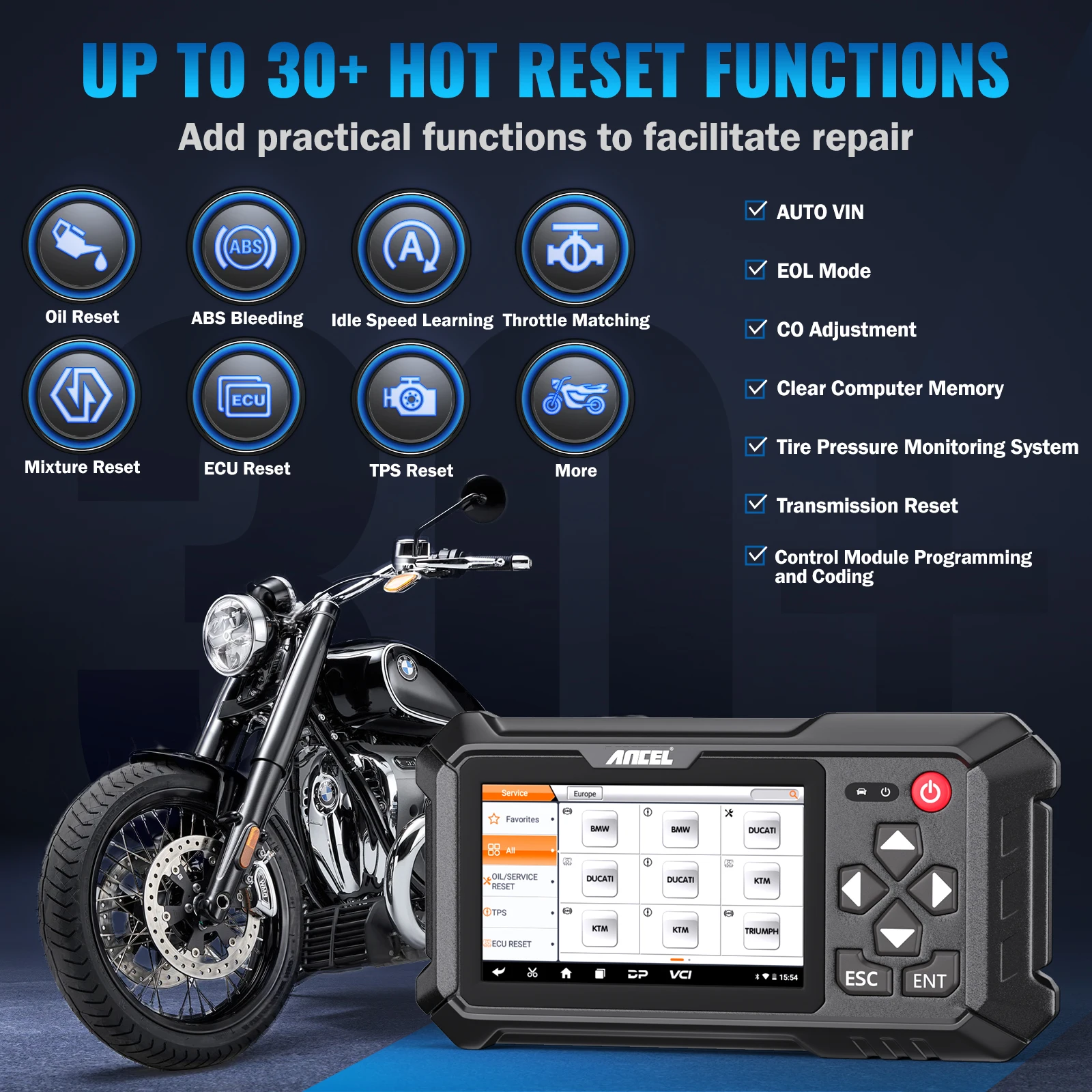 Ancel MT500 Motorcycle Scanner Full System Diagnosis ECU Coding Multi-reset Auto Motorcycle Analysis for BWM/KTM/KAWASAKI