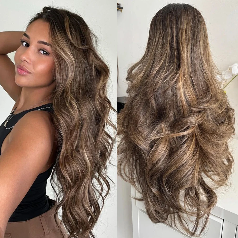 brunette-brown-loose-wave-synthetic-wig-blonde-highlights-hd-lace-front-wig-high-heat-futura-custom-made-wig-for-black-women