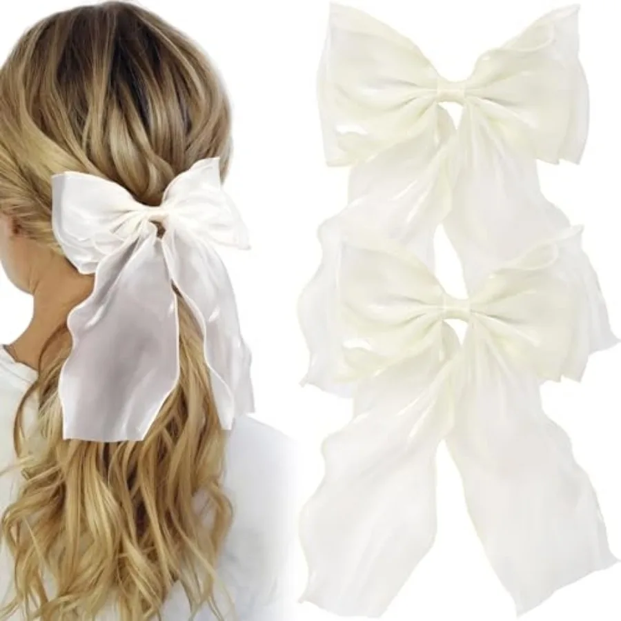 2 Pcs French White Bows for Hair, Silk Yarn Ribbon Elegant White Hair Bow, Big Hair Bows, Hair Ribbons for Women, Festival, Wed