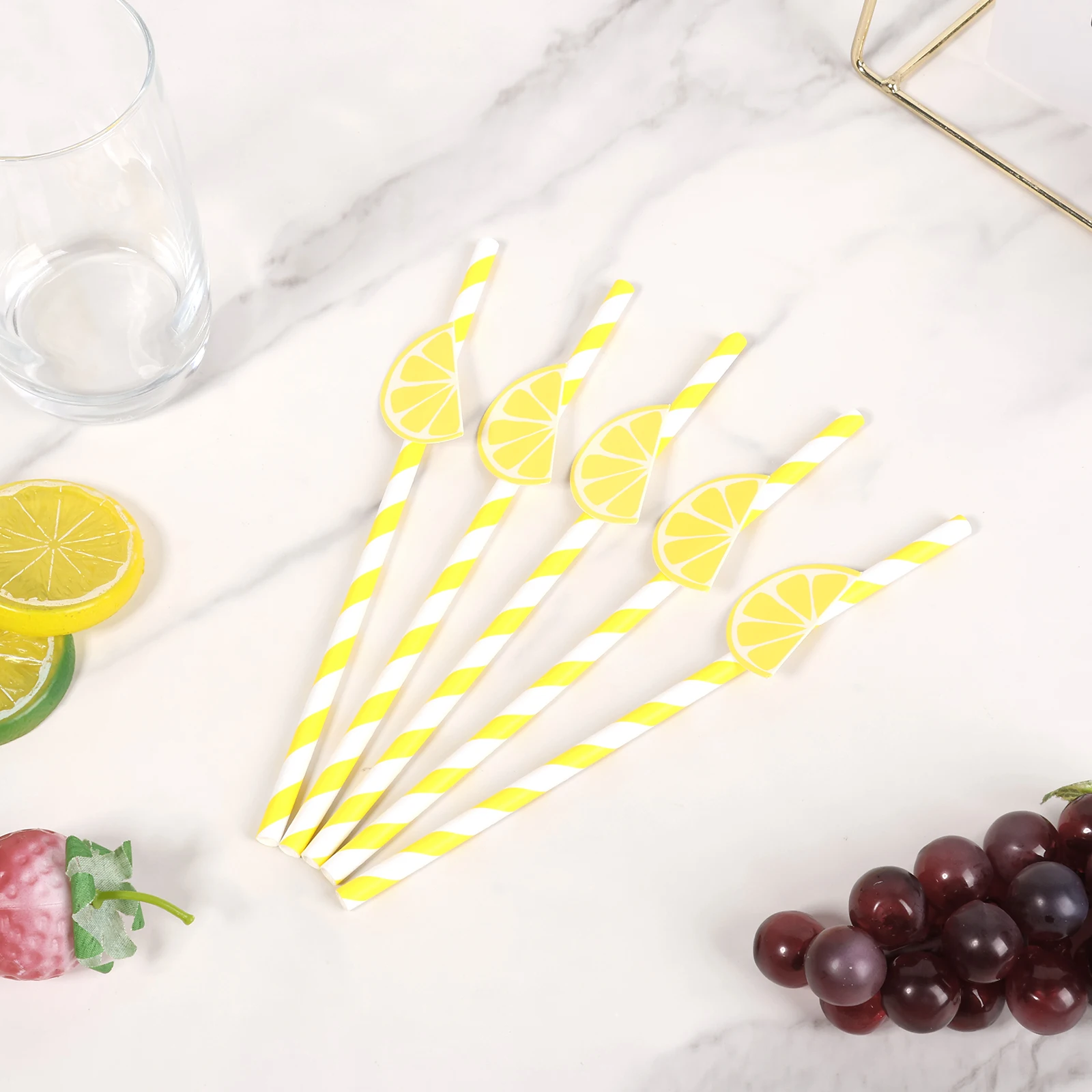 

140Pcs Striped Paper Drinking Straw Unique Multipurpose Paper Party Straw With Lemon Decor for Birthday Wedding Summer Party