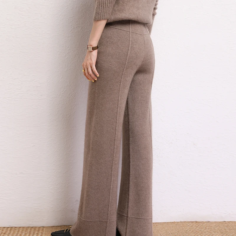 2022 New Autumn Winter Women 100% Cashmere Pants Soft Comfortable High-Waist Knitted Female Cashmere Thicken Wide Leg Pant