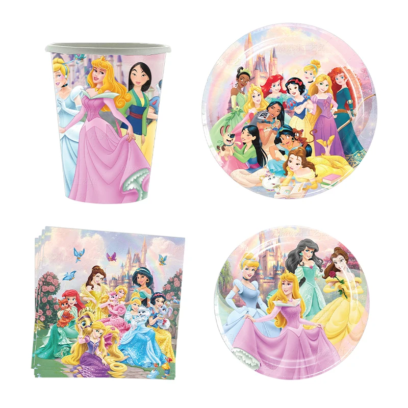 Disney Princess Birthday Decoration Cartoon Belle Snow White Theme Party Supplies Paper Plates Cups Peach Balloon For Kids Girls