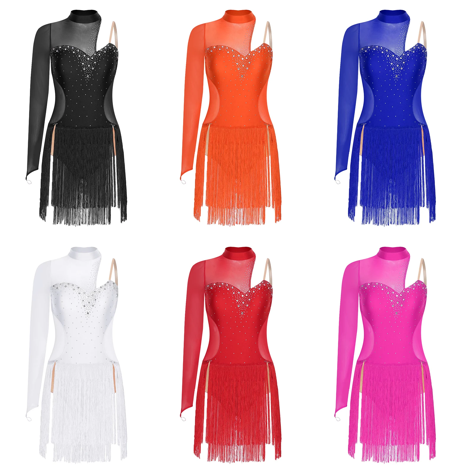 Vestido de baile latino Tango Cha-cha con diamantes de imitación brillantes para mujer, ropa de patinaje artístico lírico, vestidos asimétricos de malla con flecos