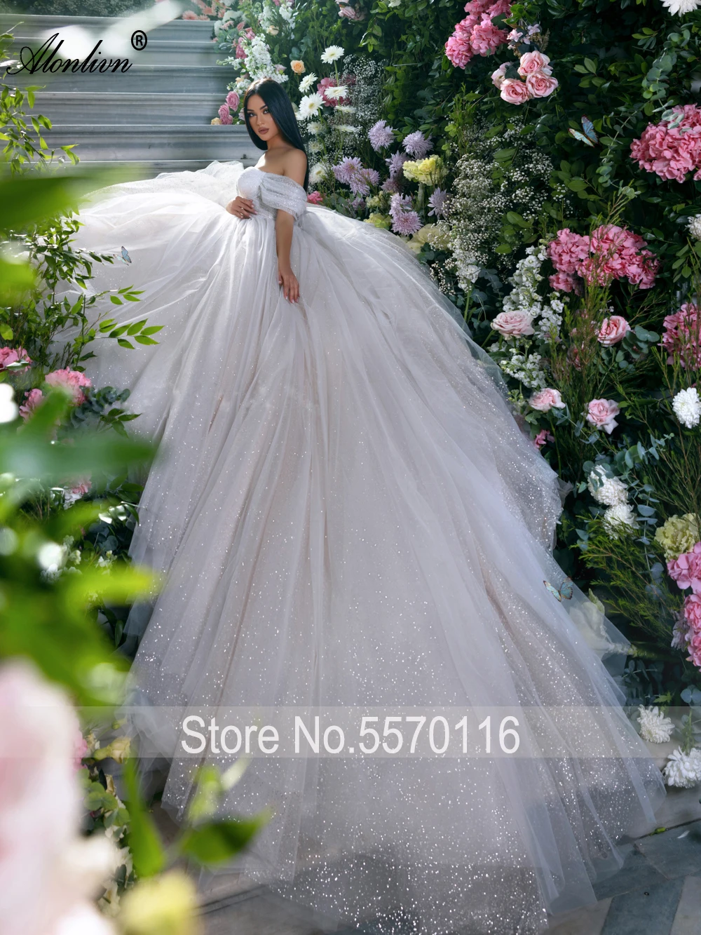 Alonlivn New Style Bling Brilliant Tulle Pleats Sweetheart Ball Gown Princess Wedding Dresses Novias