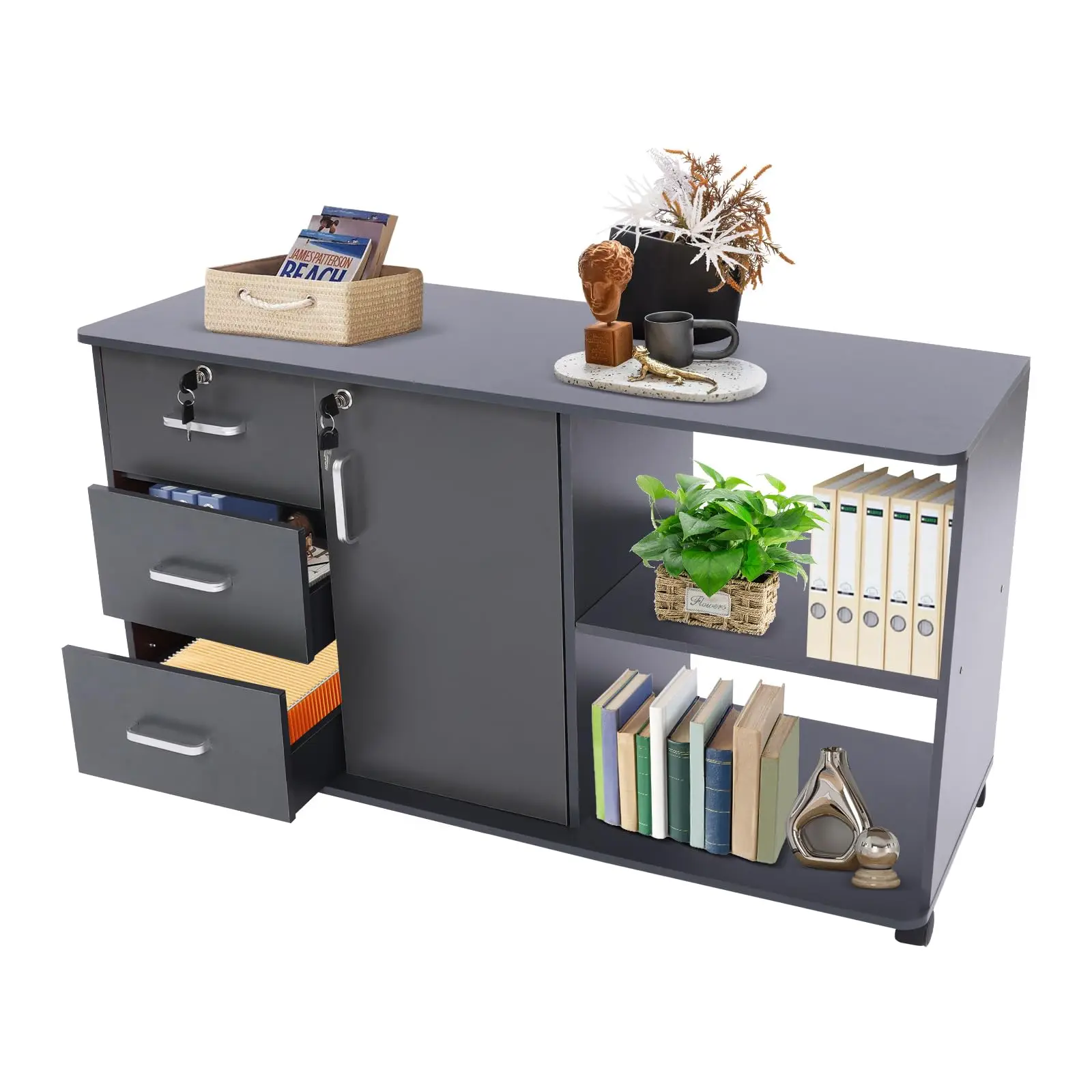 Schedule, schedario laterale mobile a 3 cassetti, organizer in legno con ruote, supporto per stampante con ripiani aperti per Hom