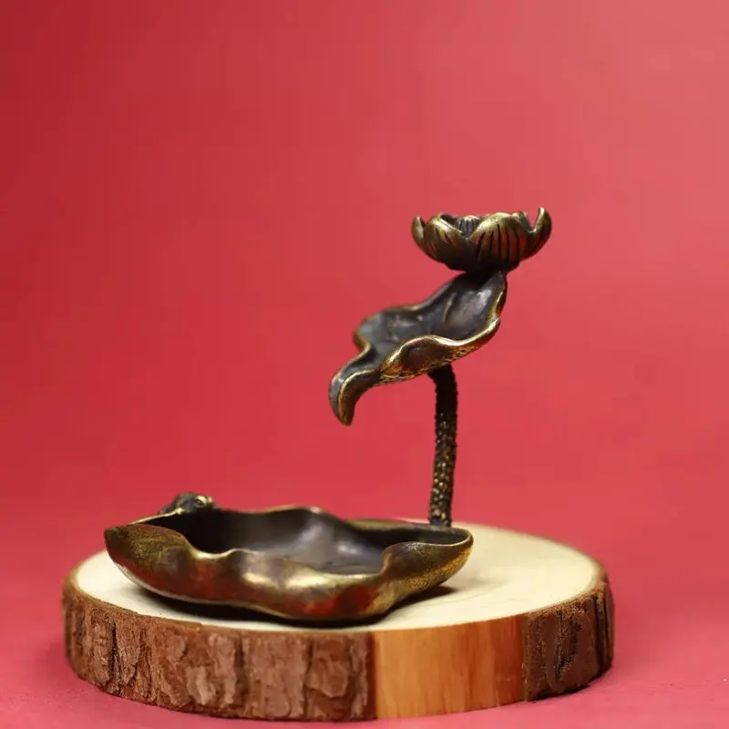 Leaf and Lotus Flower Backflow Ornament, Copper Incense Holder, Chinese Style Desktop Small Brass Decoration