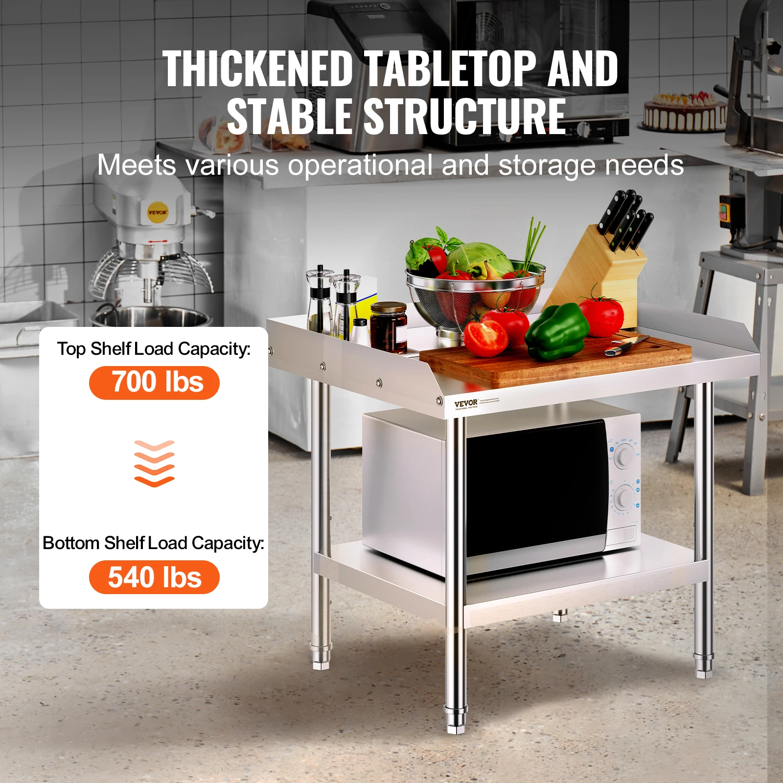 Vevor-aço inoxidável Worktable, Worktable Comercial, Heavy Duty Worktable, Tabela Metal Trabalho, 3-Sided Backsplash, Food Prep