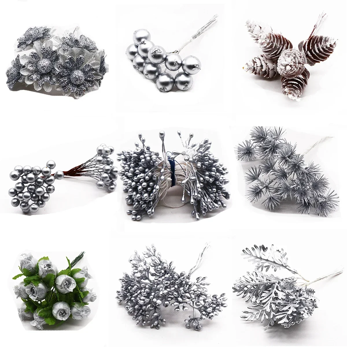 6/10/12/20/24/200pcs Silver Mixed Hybrid Flower Cherry Stamen Berries Bundle DIY Cake Christmas Wedding Gift Box Wreath Decor