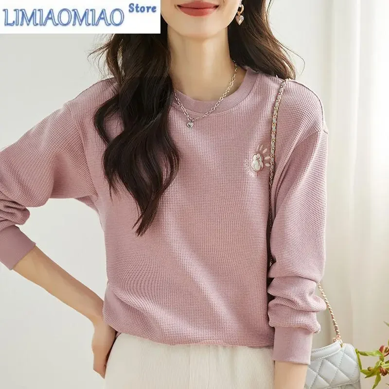 Autumn New Solid Color Embroidered Sweatshirts Women Classic Long Sleeve O-collar All-match Loose Fashion Comfortable Top