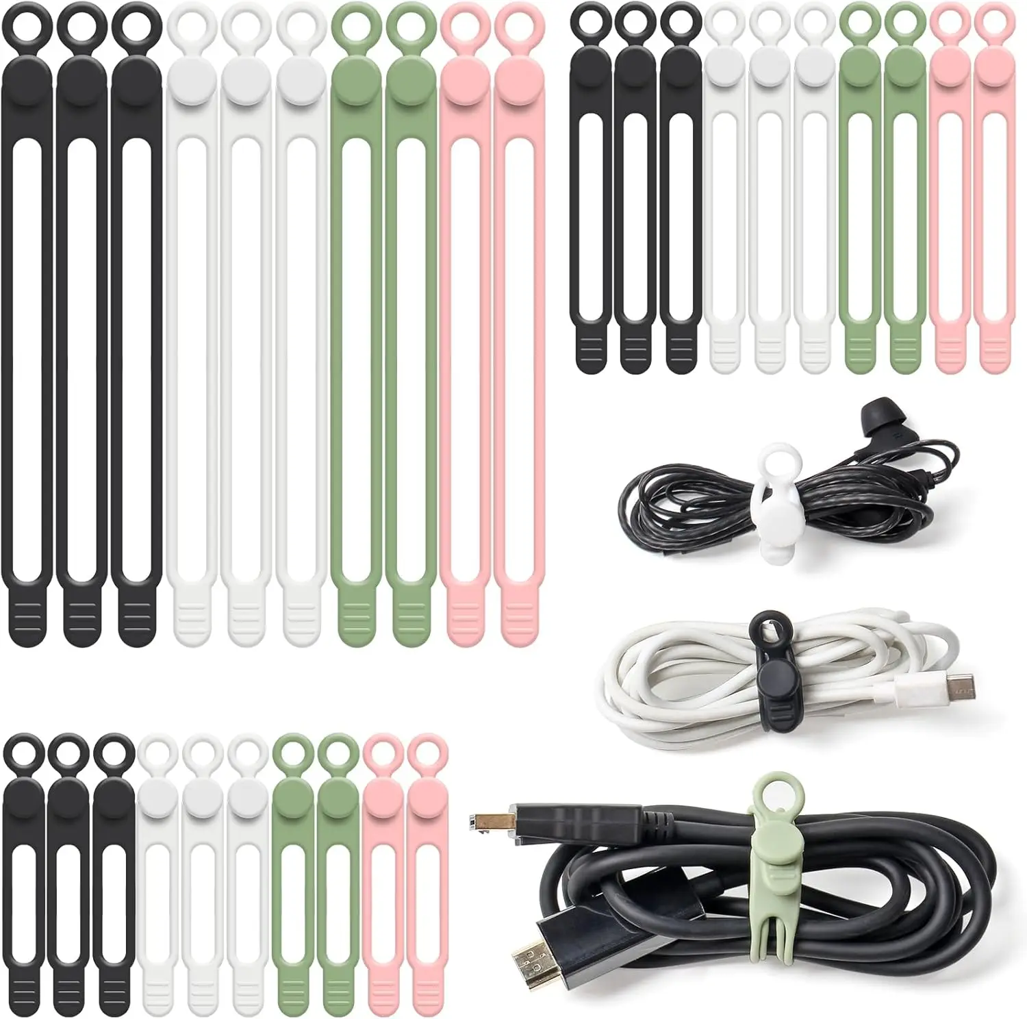 

30Pcs Reusable Silicone Cable Ties, Multipurpose Elastic Wire Organizers for Electronics and Travel Essentials