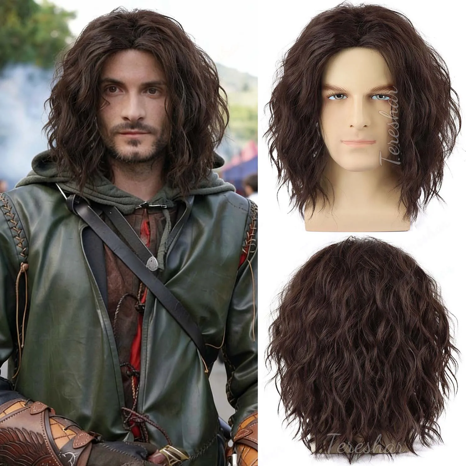 Sintético para Hombre Marrón | Peluca Negra Rizada Corta para Hombre, Pelucas para Disfraces, Cosplay, Halloween, Anime o Diversión, Eric Draven | Peluca de Aragorn