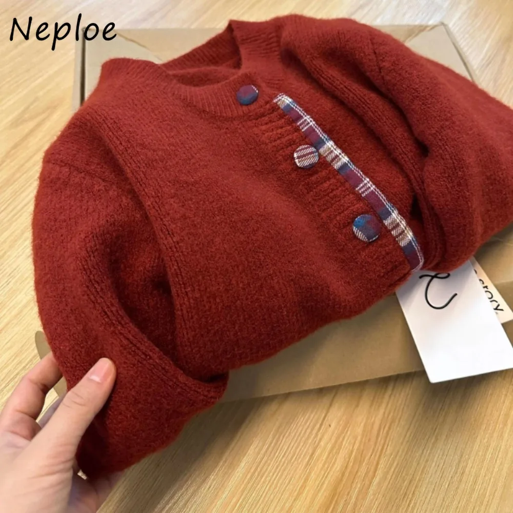 

Neploe Fake Two Pieces Korea O Neck Patchwork Cardigan Plaid 2025 Early Autumn New Loose Jumper Knit Casual All-match Sweaters