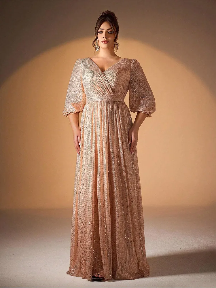 Plus Size V Neck Apricot Floor Floor Long Sleeve Evening Gown 4xl 5xl Big Size Sparkling Evening Gown Women 2024