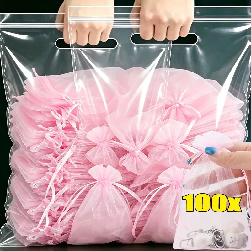 Pink Mesh Organza Drawstring Bags for Jewelry Gift Packaging Small Pouches Earring Wedding Party Favor Candy Storage Bags Decor