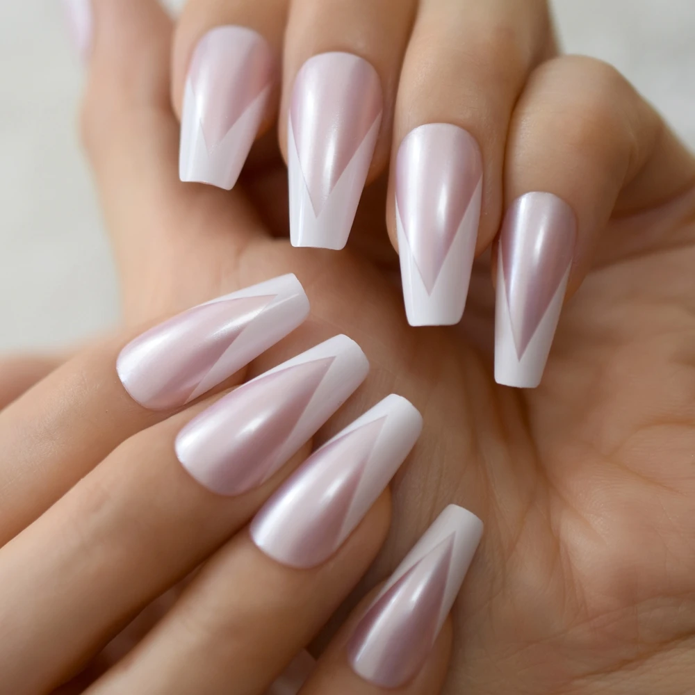 Pearl Shine V Shape French Fake Nails Pre Designed White Tips Fanx Ongles Long Tapered Ballerina Wedding Party Decoration Tips