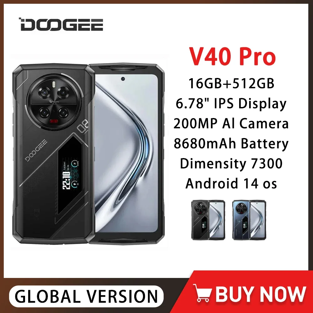 DOOGEE V40 Pro 5G هاتف متين 6.78 بوصة 16 جيجابايت رام 512 جيجابايت روم الهاتف المحمول أندرويد 14 200MP 20MP للرؤية الليلية 8680 مللي أمبير الهاتف المحمول NFC