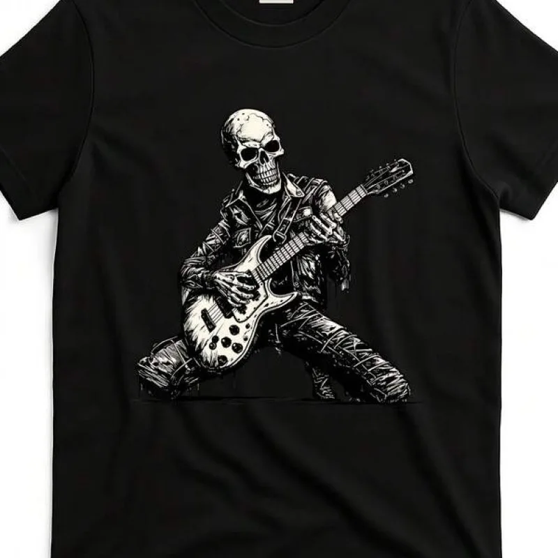 Men's Retro Rock Pattern T-shirt Black Skull Guitar&Shake Men's T-shirt Summer Unisex T-shirt