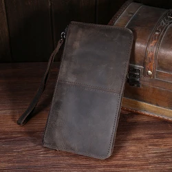 Men Clutch Bag Wallet Wrist Purse Crazy Horse Cowhide Male Cell Phone Case Coin Retro Genuine Leather Handy Pocket Money Bag