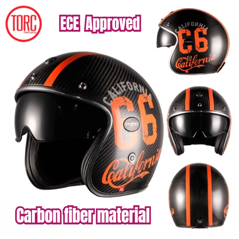 

TORC ECE Genuine Carbon Fiber Cafe Racer Motorcycle Vintage Open Face Helmet Jet Retro 3/4 Scooter Moto Carbon Helmets