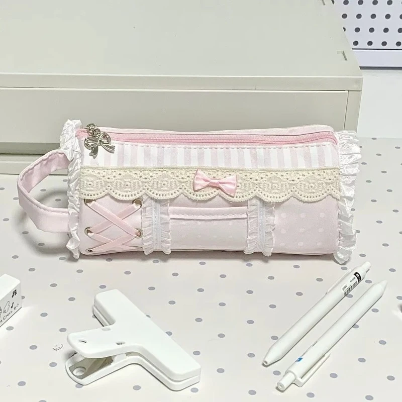 Pink Girl Cute Lace Pencil Case Student Large Capacity Desktop Storage Stationery Pen Bag Cute Girl Makeup Bag Gift