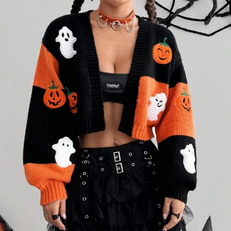 Women Halloween Cropped Cardigan Pumpkin Ghost Embroidered Long Sleeve Open Front Knitted Tops for Winter Fall