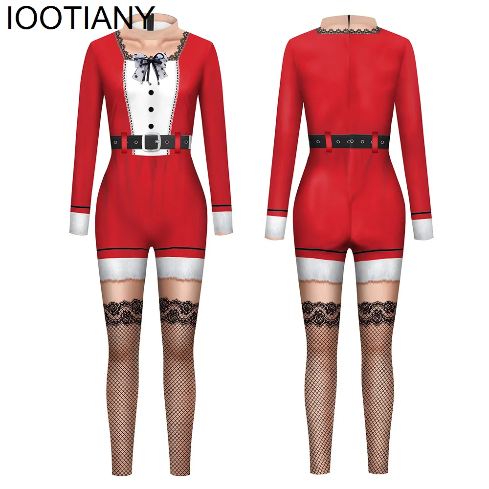 IOOTIany-Sexy Lace Bowknot Macacão Impressão 3D para Mulheres, Traje Cosplay, Bodysuit para Adultos, Natal Onesie, Festa de Carnaval, Roupas de Natal