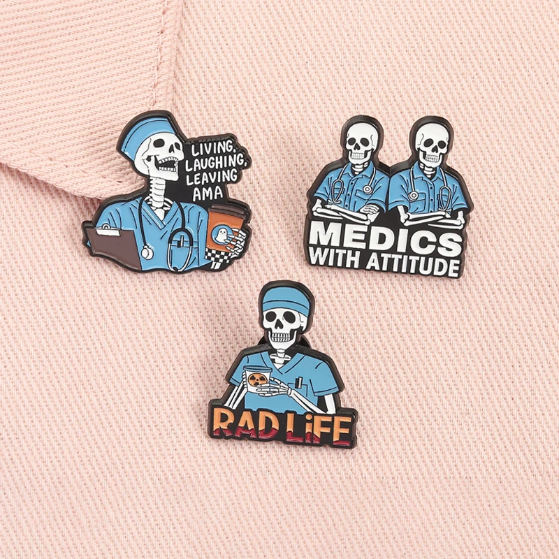 Esqueleto engraçado médico esmalte pinos medicos com atitude rad vida vivo rindo deixando broche médico lapela crachá jóias presentes