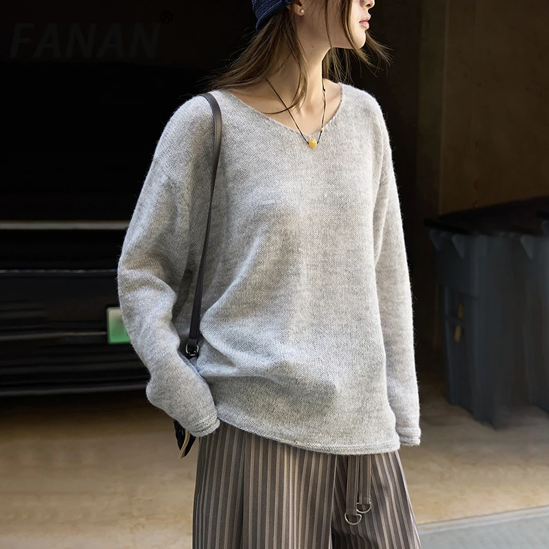 

FANAN Fashion Wool Knitting Pullover Sweater For Women V Neck Long Sleeve Casual Loose Tops Office Lady Clothes 2025 Autumn New