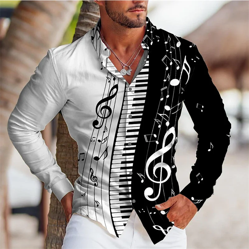 2023 Men\'s Shirt Music Note Piano Keys Lapel Stand Collar Long Sleeves Printed Clothing Clothing Linen Fashion Designer Casual