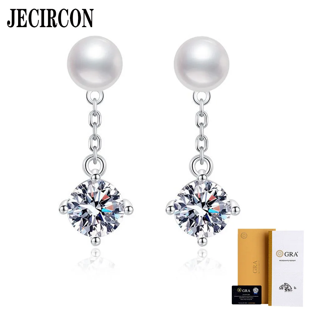 

JECIRCON S925 Sterling Silver Drop Earrings Genuine 6MM Natural Freshwater Pearl Classic 4 Claw 1 Carat Moissanite Ear Pendants