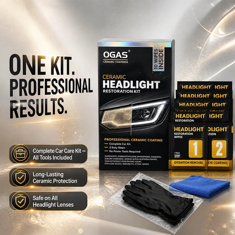 OGAS Ceramic Headlight Restoration Kit, 10 Pcs Wipes 2-Step Oxidation Remover & Ceramic Coating DIY Yellowed Headlight Repair