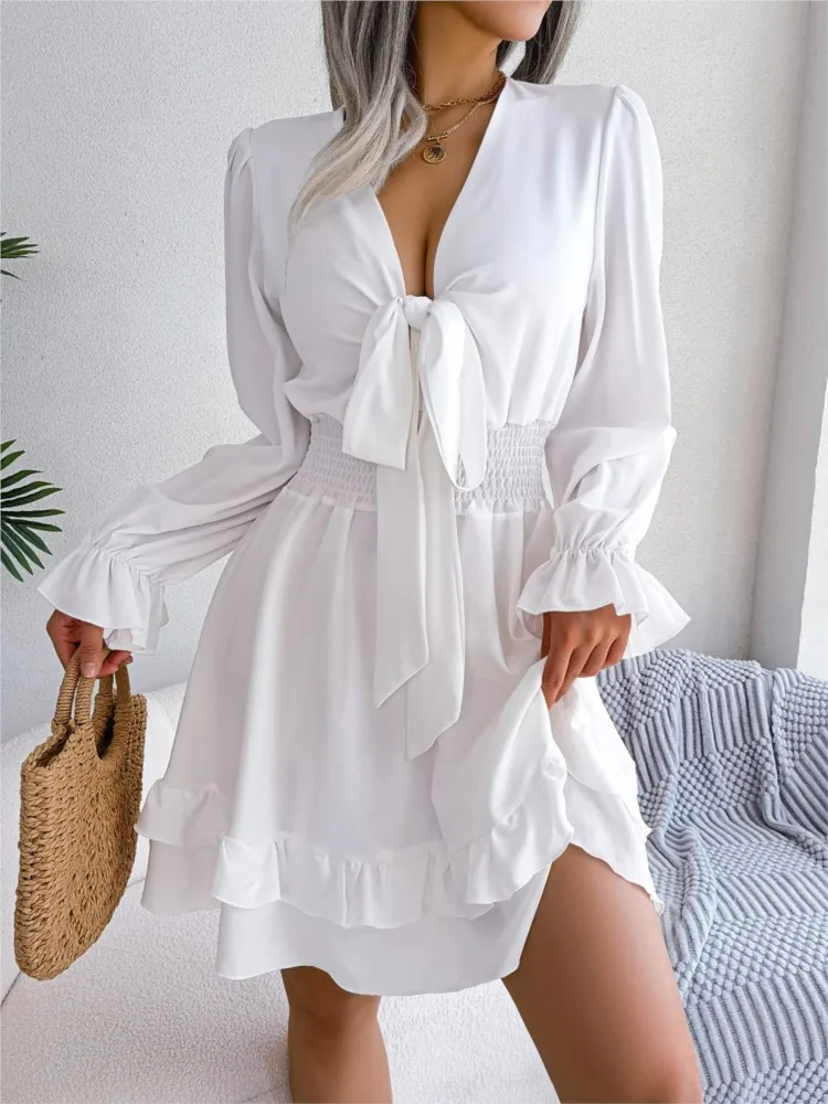 Women 2024 Spring Summer Casual Flare Sleeves Sexy Lace Up Deep V Waist Wrapped Wooden Ear Edge Long Sleeve Large Swing Dress