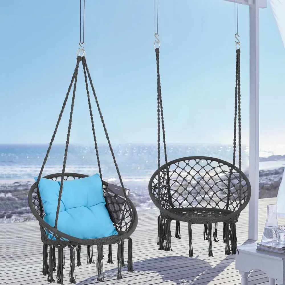 

Yard Garden Swinging Chair Hammock Chair Hanging Macrame Swing With Cushion and Hardware Kits Outdoor Garden Swings Pack of 2