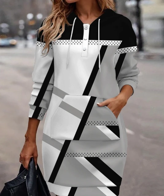 2023 Autumn Winter Spring New Fashion Casual Geometric Print Pocket Design Hooded Casual Dress Dresses for Women Elegant