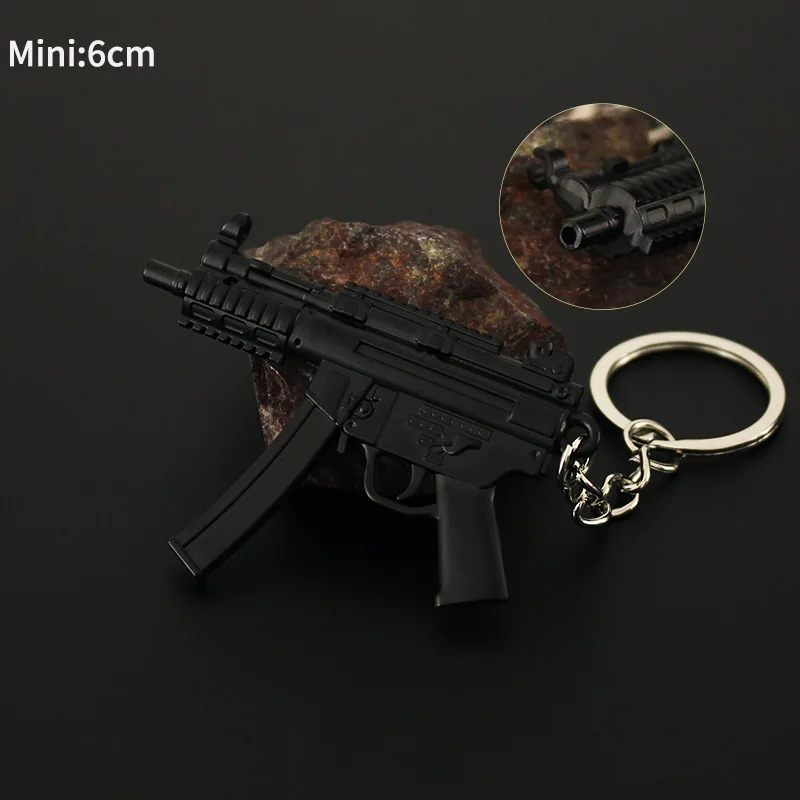 Mini PUBG Gun Keychain 9cm Metal MP5 Weapon Model Alloy AK47 AWM M24 Light Key Chain Bookbag Car Pendant Gifts Toy for Kids