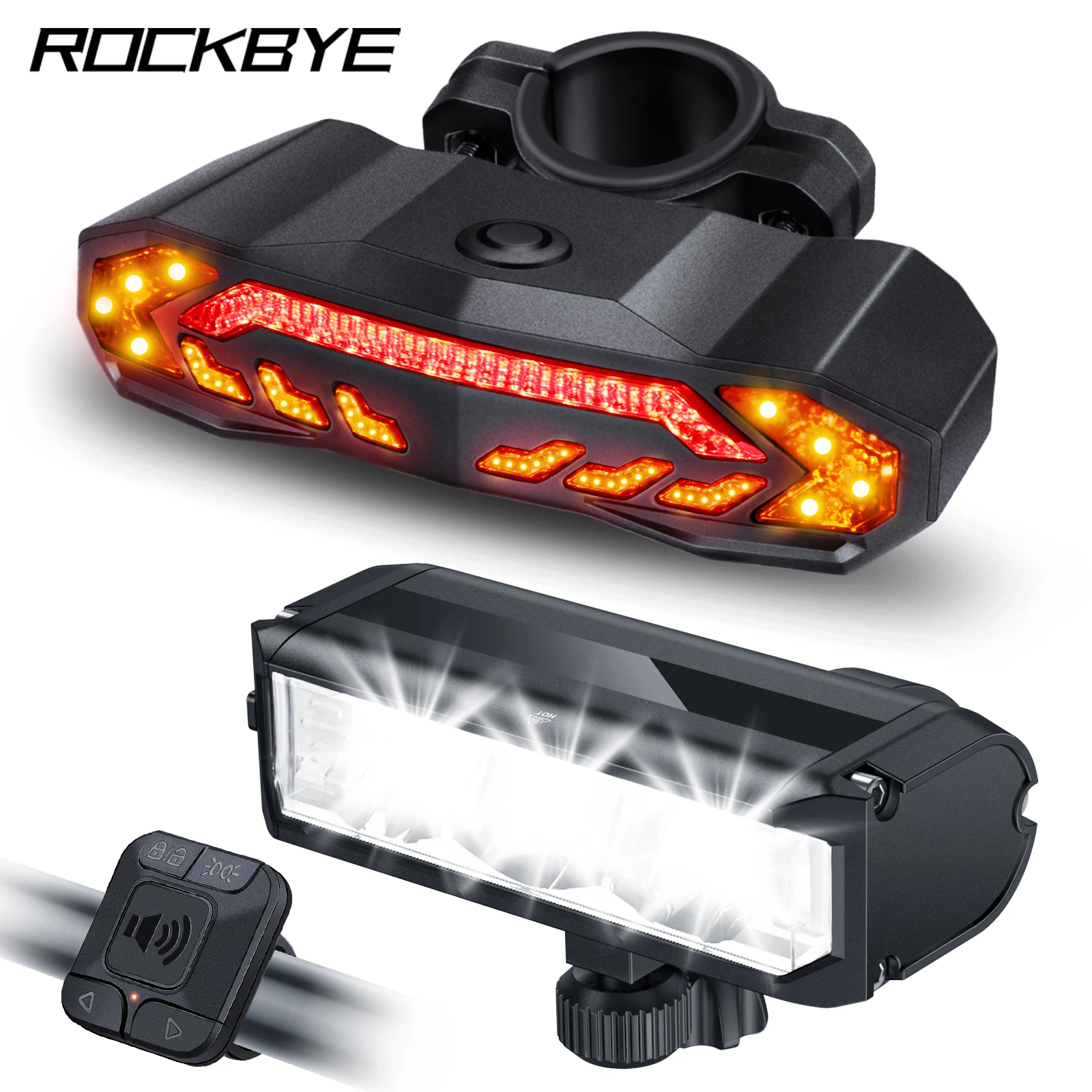 Rockbye 2000 Lumens Bike Headlight and Turn Signals with RC Alarm Bicycle Taillight Set for Night Riding Rechargeable Waterproof