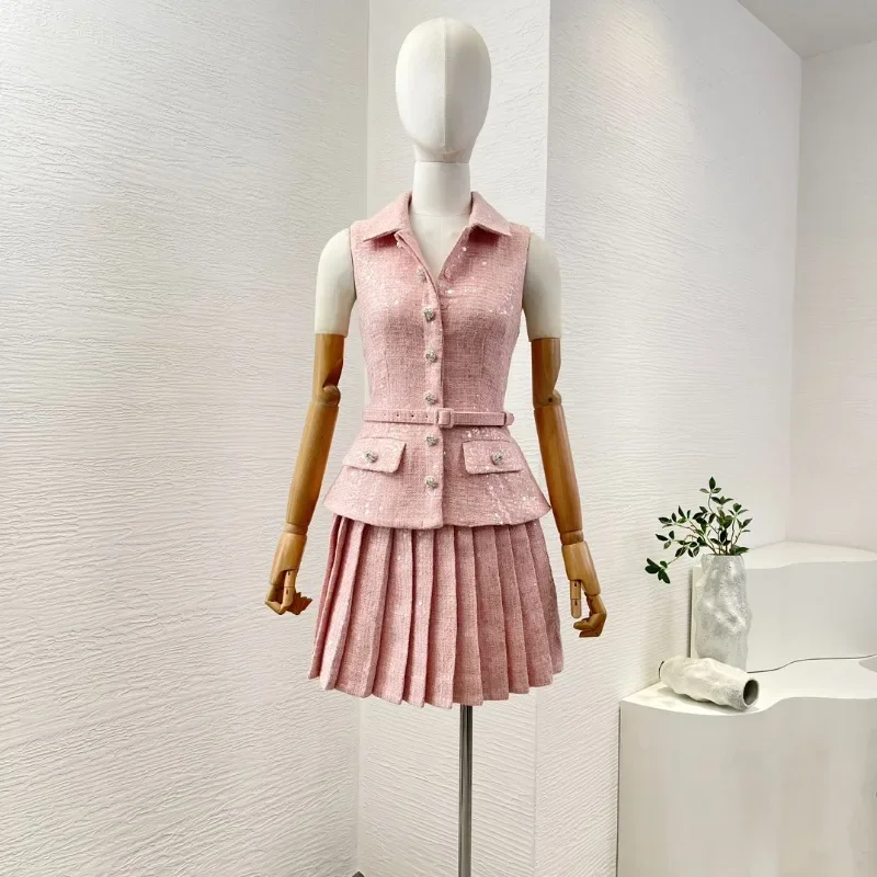 Women\'s Mini Dress Pink Sleeveless Tweed Turn Down Collar Pleat Elegant Ladies New High Quality 2024