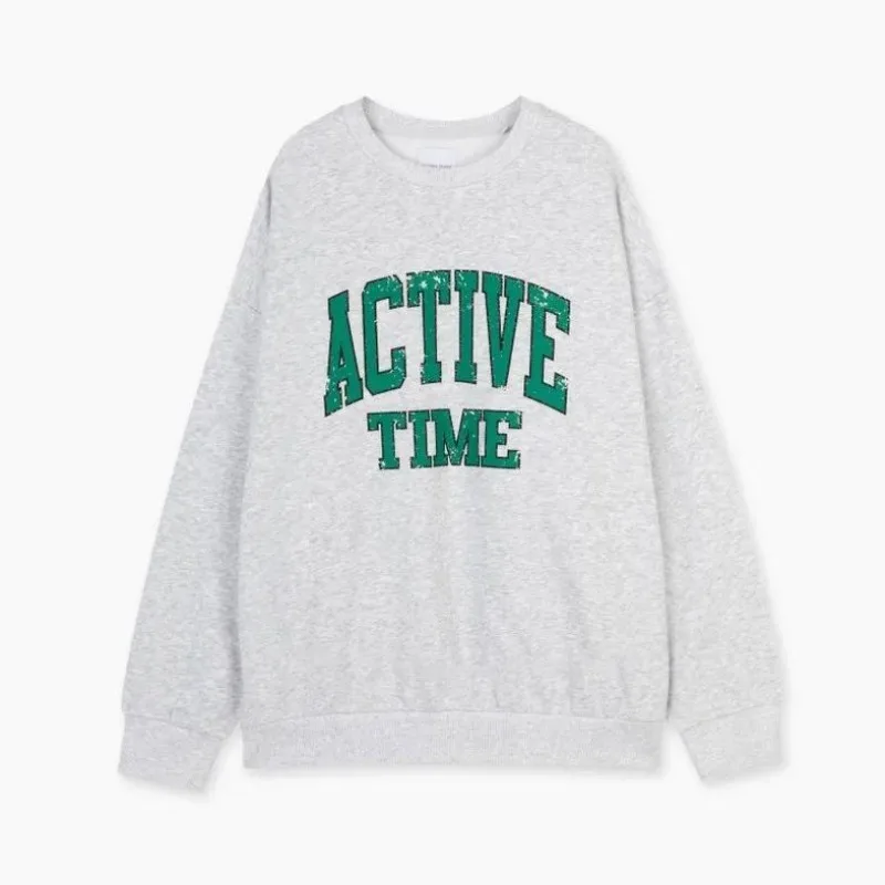 Bluzy Retro z Zielonymi Literami ACTIVE TIME Jasnoszare Jesienne Bluzy z Długim Rękawem Oversize z Okrągłym Dekoltem Pulower Młodzieżowe Damskie Sportowe Hip Hopowe Top