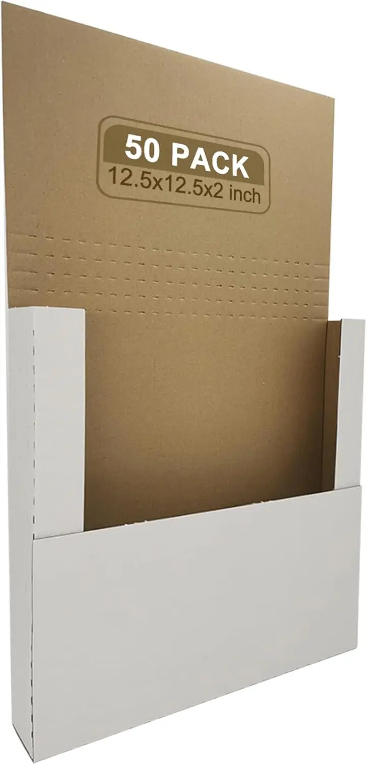 

50 Pack Vinyl Record Shipping Box Mailers, 12.5" x 12.5" x 2", Perfect for 12-inch LP Albums, Height Adjustable Cardboard, White