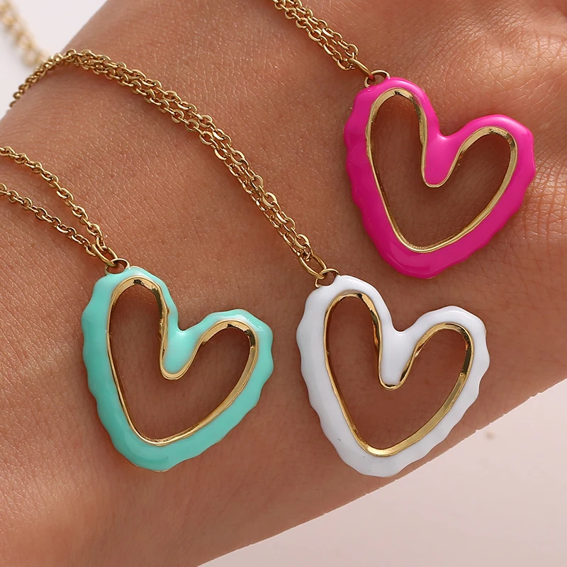 Heart Drop Oil Colorful Hollow Necklace For Women Candy-Colored Love Stainless Steel Pendant Necklace Fashion Jewelry PartyGift