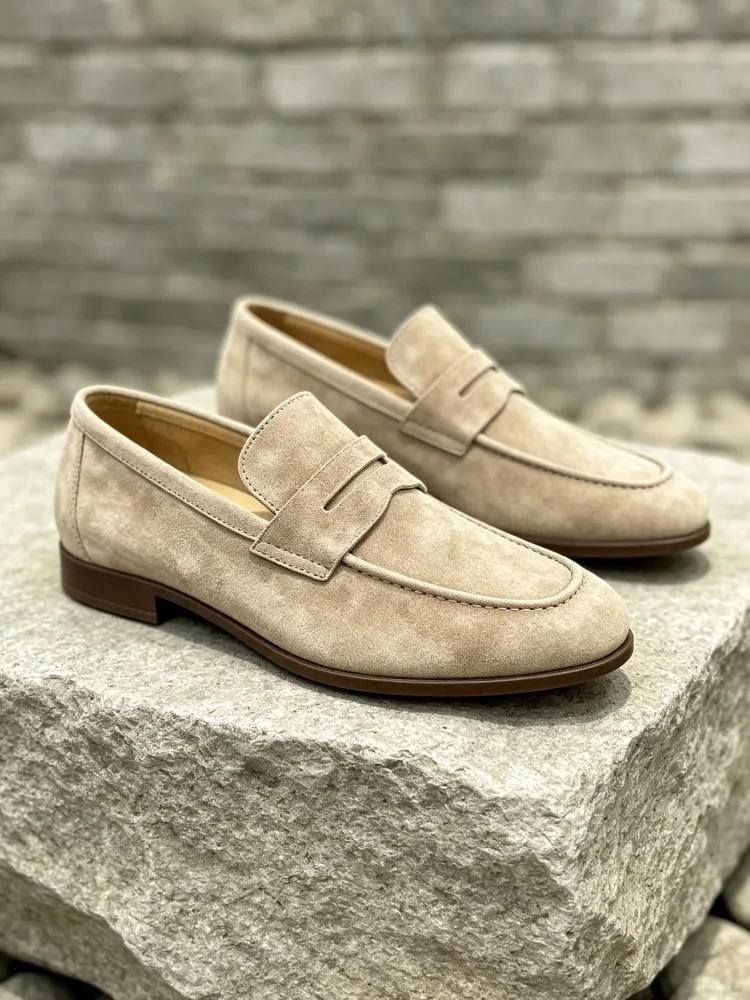 Old Money Style Retro Men Sheep Suede Loafers SlipOn Round Toe Genuine Leather Casual Business Driving Dress Shoes