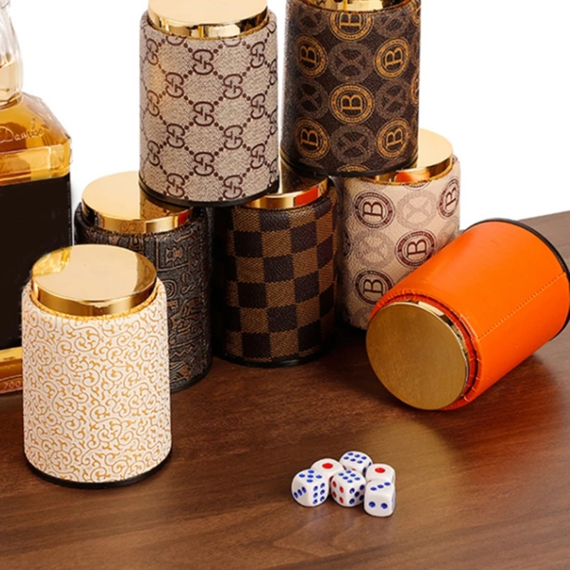 Dices Shake Container with 6 Dices Set Dices Cup Leathers Stable Sturdy Comfortable Hand Feeling Dices Shake Container