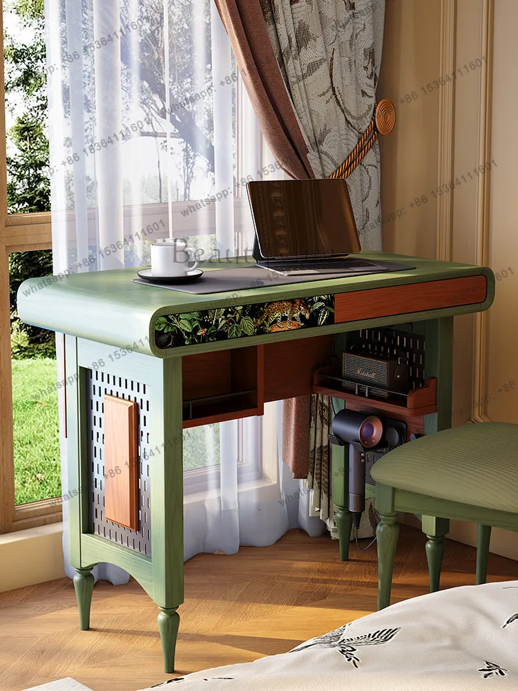 French retro solid wood desk computer desk integrated study table ash wood multi-functional medium and ancient style hole board