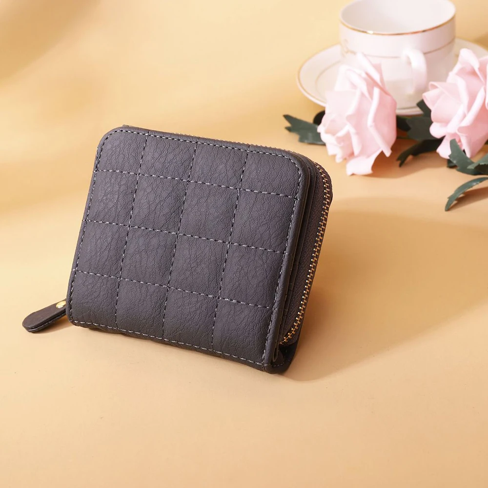 Women Short Wallets PU Leather Female Plaid Purses Card Holder Zipper Small Coin Purse Card Holder Wallet Key Pouch