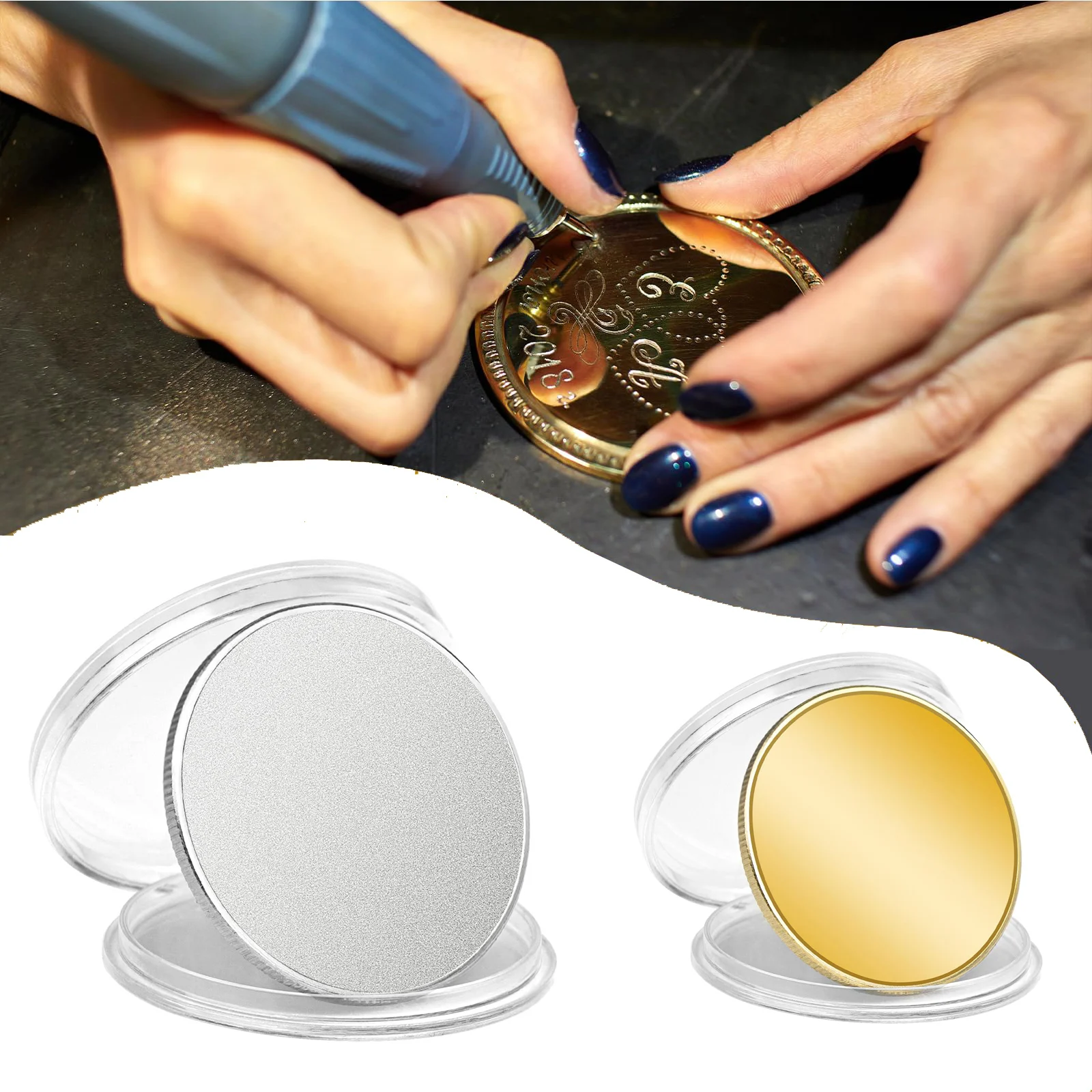 Engraving Blanks Coins Solid Brass/Zinc Alloy Silver Plated 40mm Diameter with Protection Box for DIY Crafts Engraving