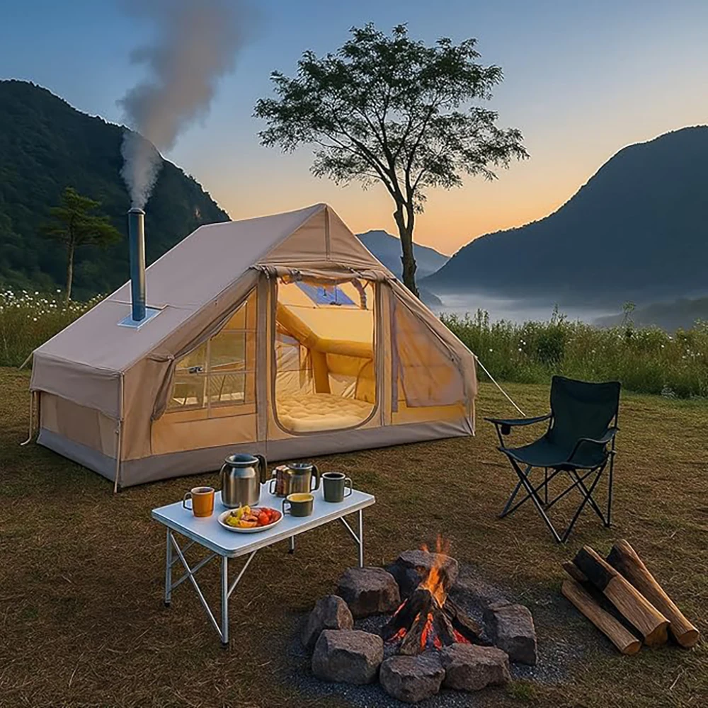 

9.8' x 7' Inflatable Camping Tent,4 Season Blow up Tents for Camping, 4-6 Person Inflatable Tent with Jack Stove