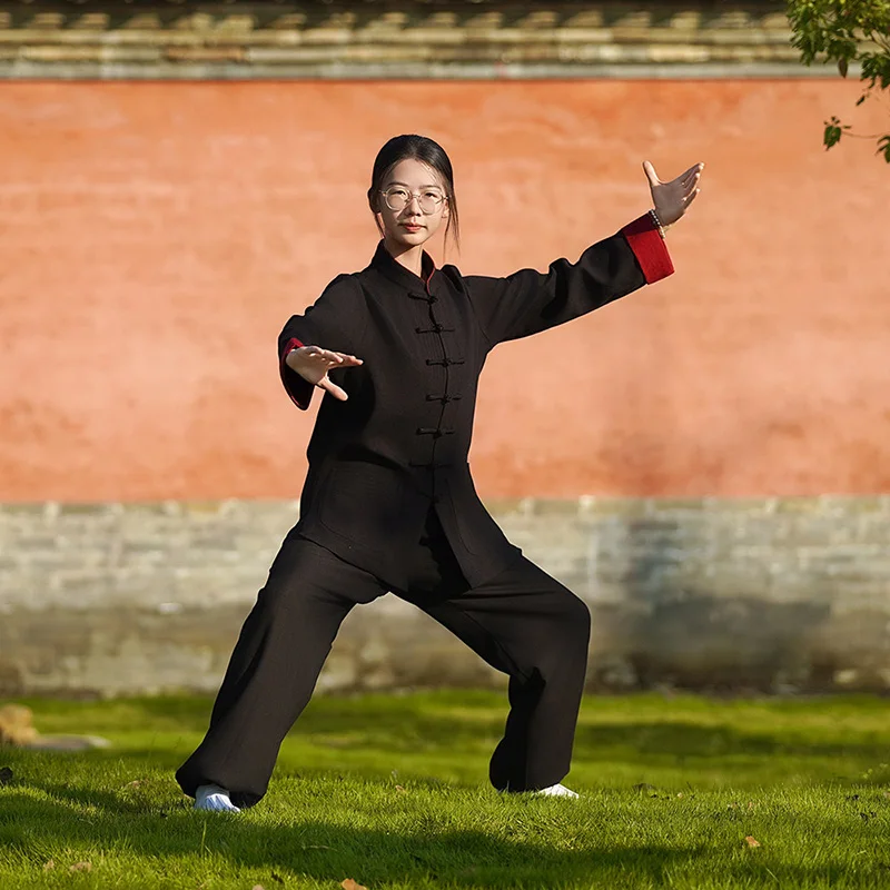 Wudang Fleece-Lined Winter Tai Chi Suit, Premium Thickened Women's Practice Wear, Unisex Mandarin Collar Baduanjin Performance