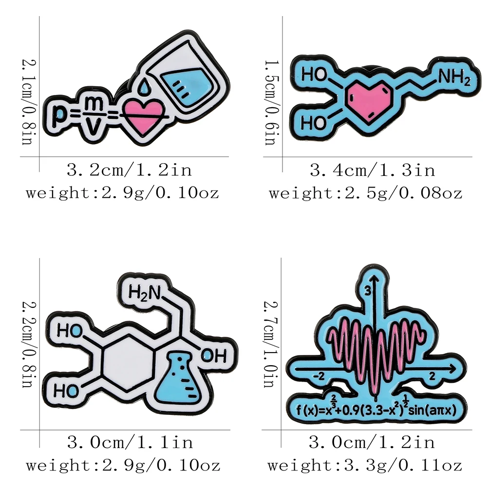 4 أنماط مضحك الأزرق القلب الصيغة العلمية المينا دبابيس P = M/V الصيغة الهيكلية الكيميائية الرياضيات على شكل دبابيس شارة الطالب