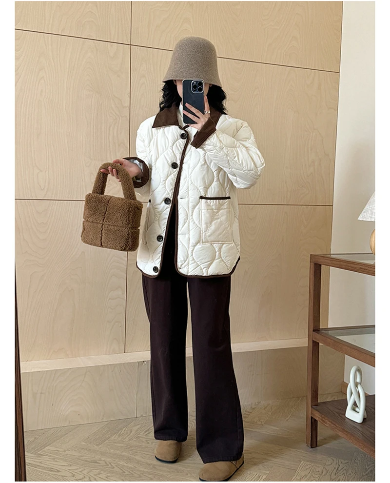 Autumn Down Cotton Padded Jacket Women's 2025 Contrast Lapel Rhombic Thin Short Loose Spring Cotton Padded Casual Coats Female